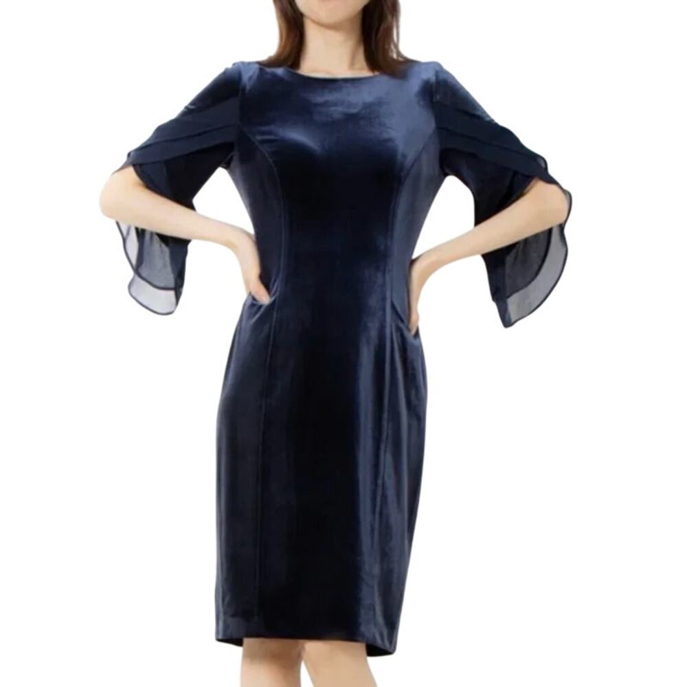 DKNY Navy Blue Velvet 3/4 Sleeve Chiffon Ruffle Sheath Knee Length Chic Dress